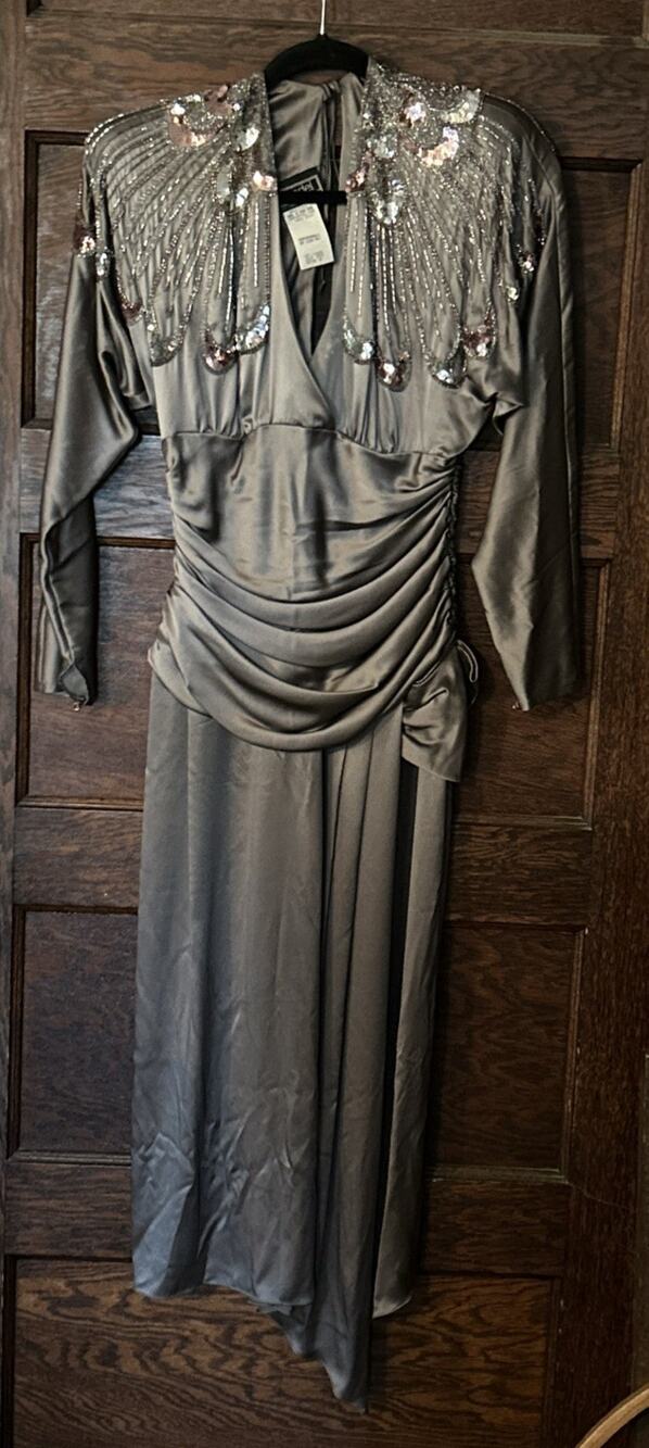 Vtg 80s Casadei Silver Metallic Beaded Plunging Neckline Silk Cocktail Dress 8